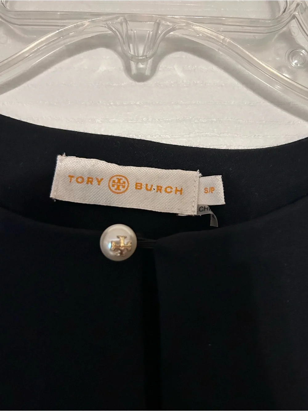 Tory Burch Black Long-Sleeve Shift Dress with Pearl Button